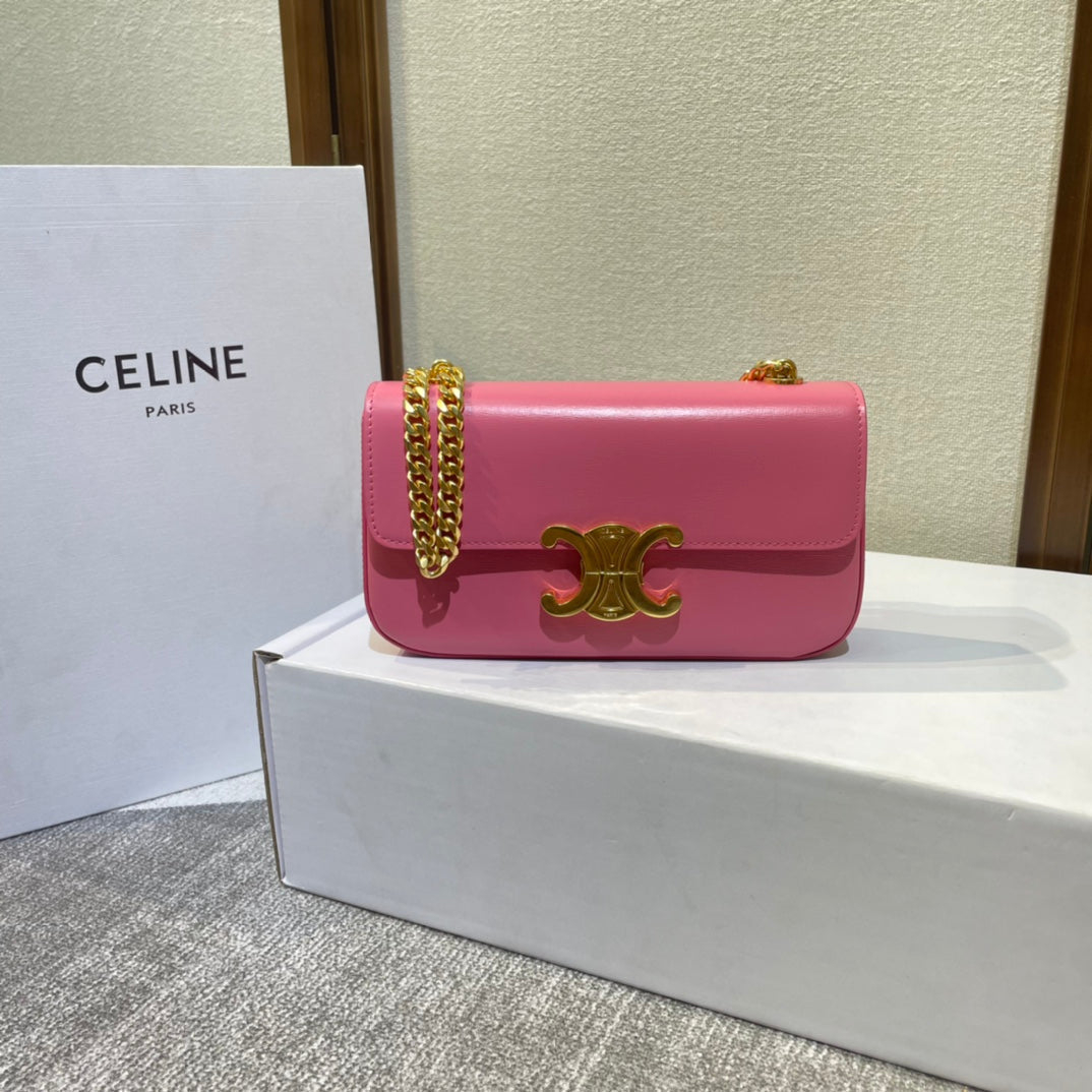 CELINE CHAIN EMBOSSED ARMPIT BAG 20 IN WATERMELON PINK CALFSKIN