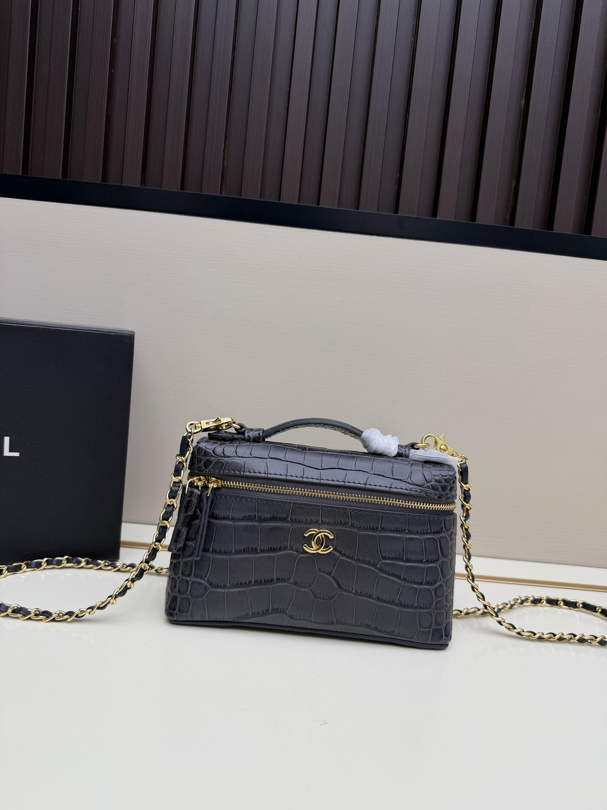 Chanel Croc-Embossed Top-Handle Chain Bag in Dark Gray