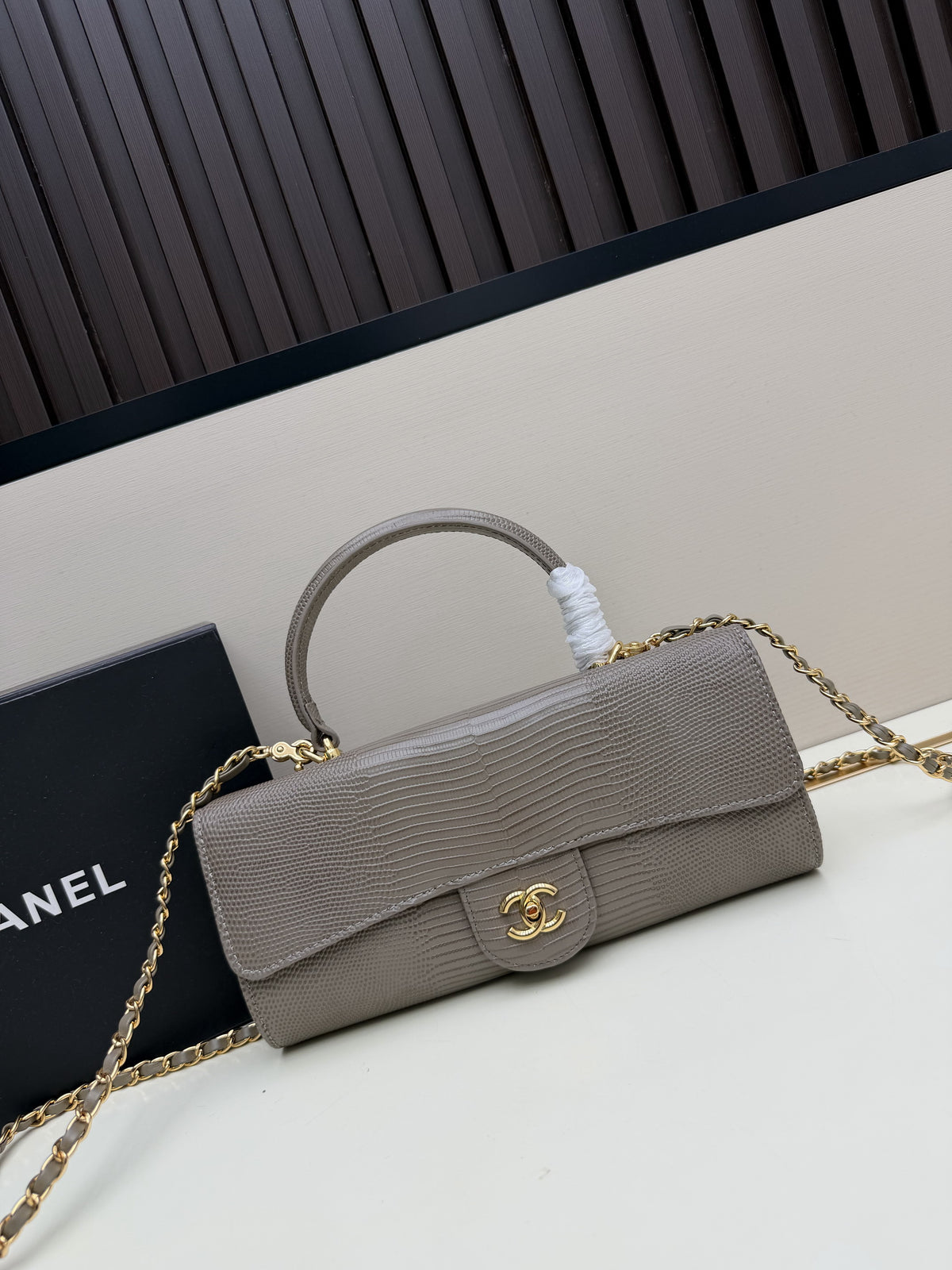 Chanel Grey Top Handle Flap Bag with Gold CC Turn-Lock & Chain Strap
