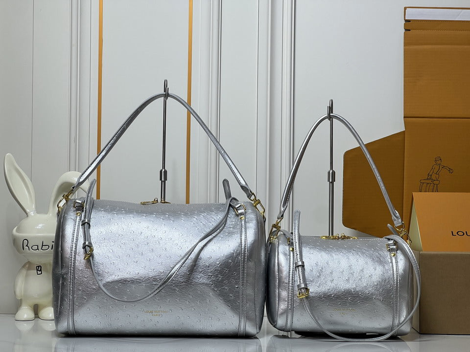 Louis Vuitton Papillon silver metallic ostrich leather barrel bag, two sizes shown