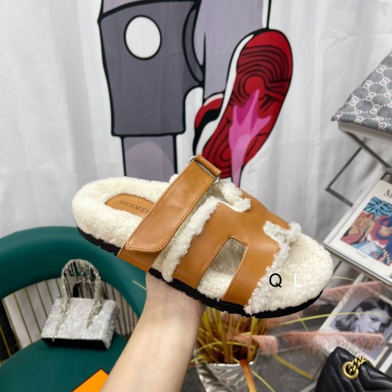 Hermès Tan Shearling-Lined Two-Strap Sandals