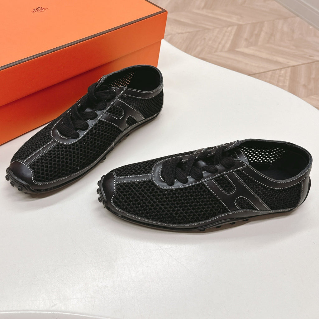 HERMES KIGA SNEAKER IN BLACK CROCHET KNIT AND CALFSKIN