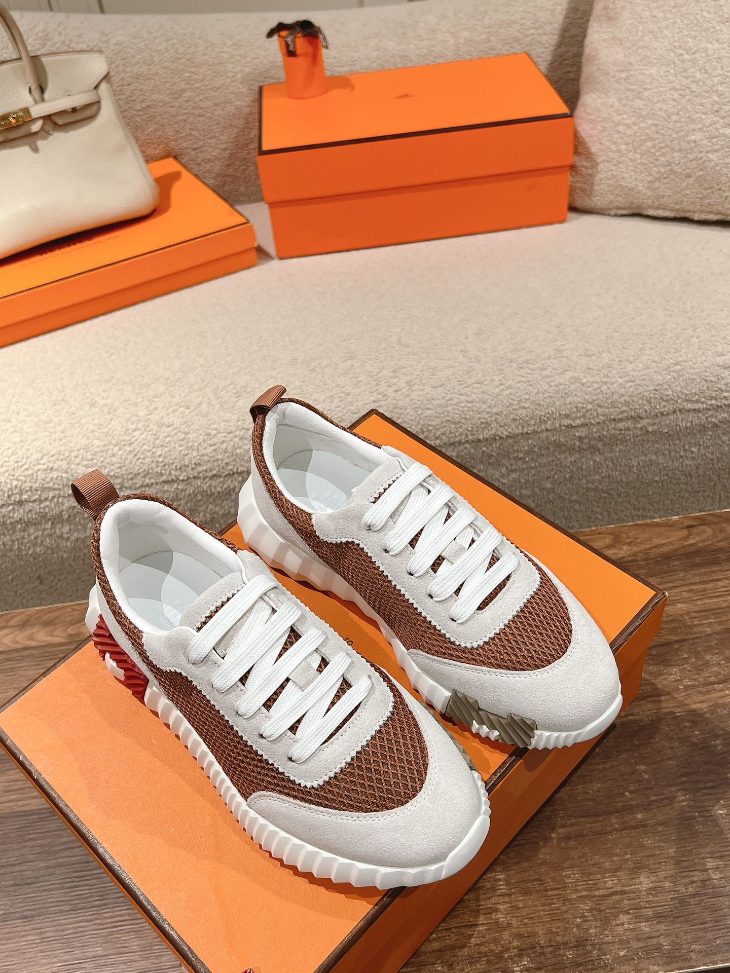 HERMES MAINLAND SNEAKER IN PALE GRAY SUEDE AND CARAMEL BROWN BREATHABLE MESH FABRIC