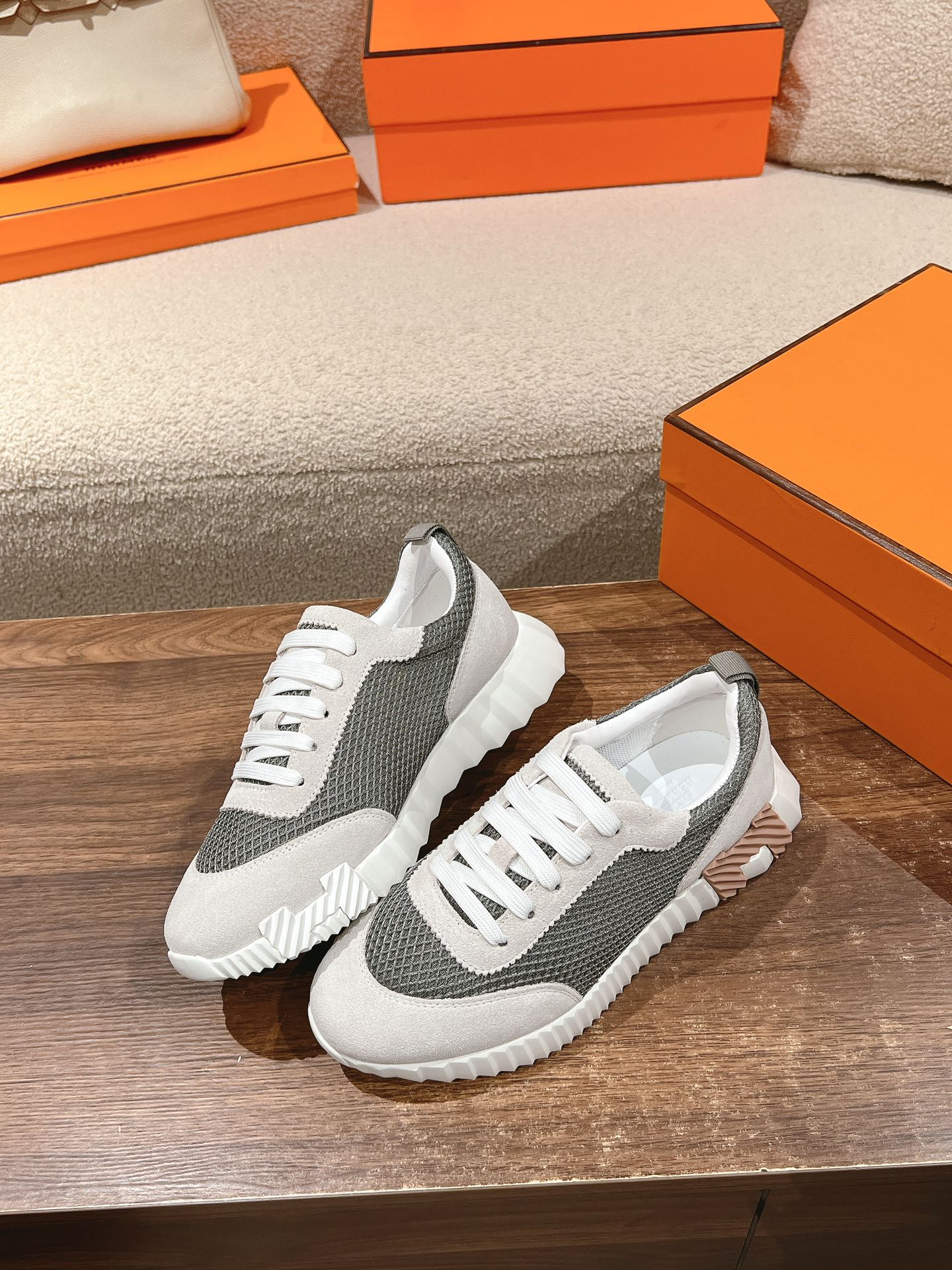 HERMES MAINLAND SNEAKER IN PALE GRAY SUEDE AND SMOKE GRAY BREATHABLE MESH FABRIC