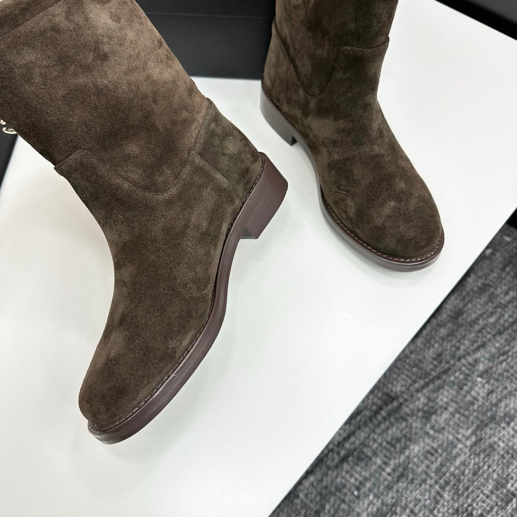 CHANEL 25S SHORT BOOTS IN BROWN SUEDE SILVER HARDWARE